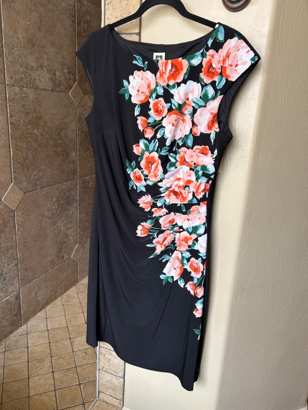 Anne Klein Black Midi Dress with Coral & Green Floral Print